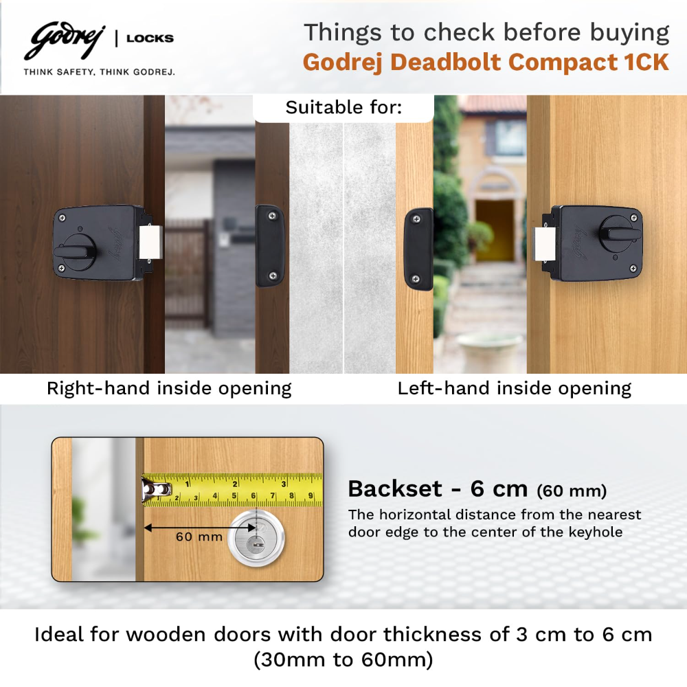 Godrej Rim Lock I Deadbolt Compact I 1CK Deadbolt I for Inside Opening Wooden Main Door | Left Right Handed Doors I 3 Keys I 1 Years Warranty I Textured Black Finish